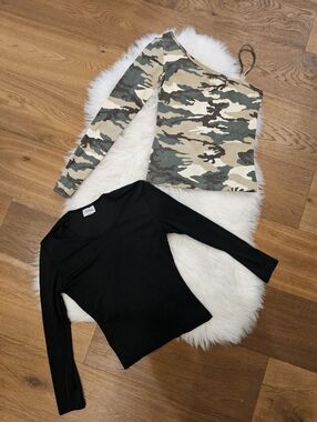 Vintage Camouflage One-Shoulder Long Sleeve Top - Green Camo